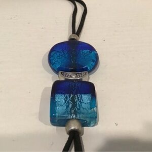 21” black rope blue/purple round square decorative pieces necklace.  3 c…